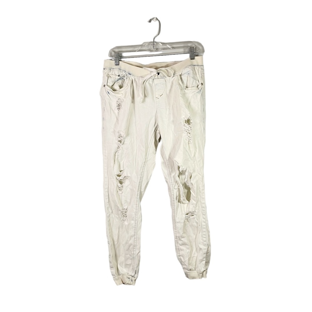 Wallflower Distressed Denim-Style White Jogger Pants Drawstring Waist Size Large